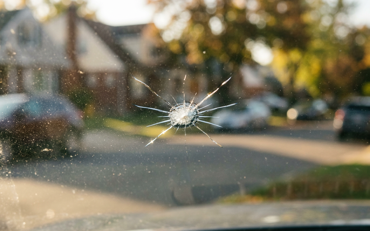 Close-up of a rock chip in a windshield before repair
