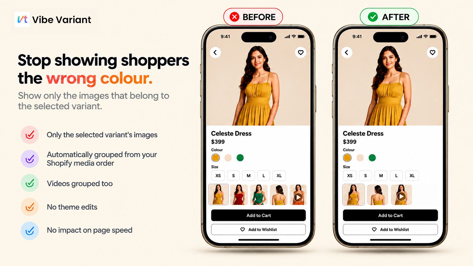 A product page before and after Vibe Variant: the full mixed gallery, versus only the selected colour's images.
