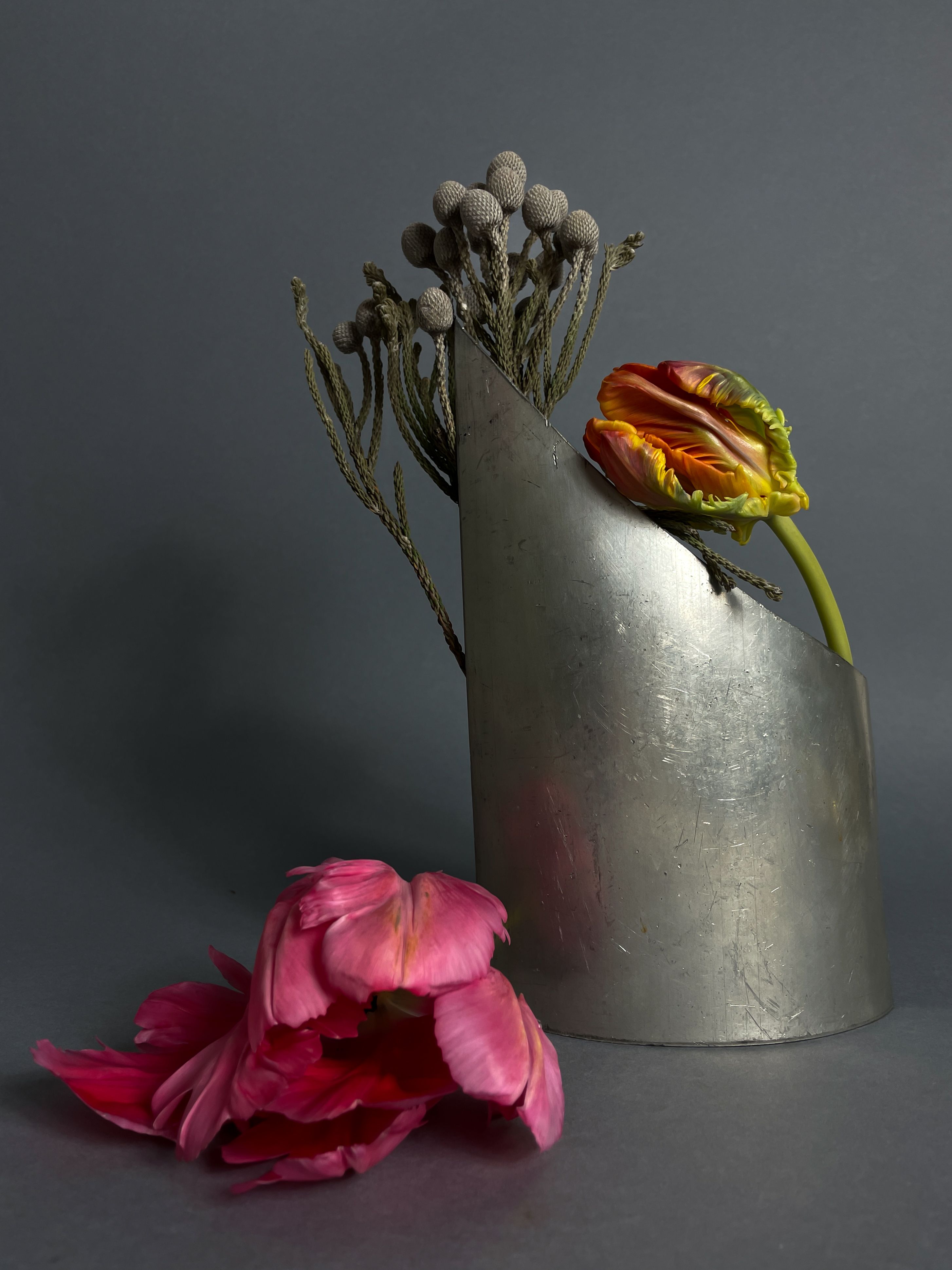 Silver sculpture element arranged with parrot tulips and a mediterranean dryflower