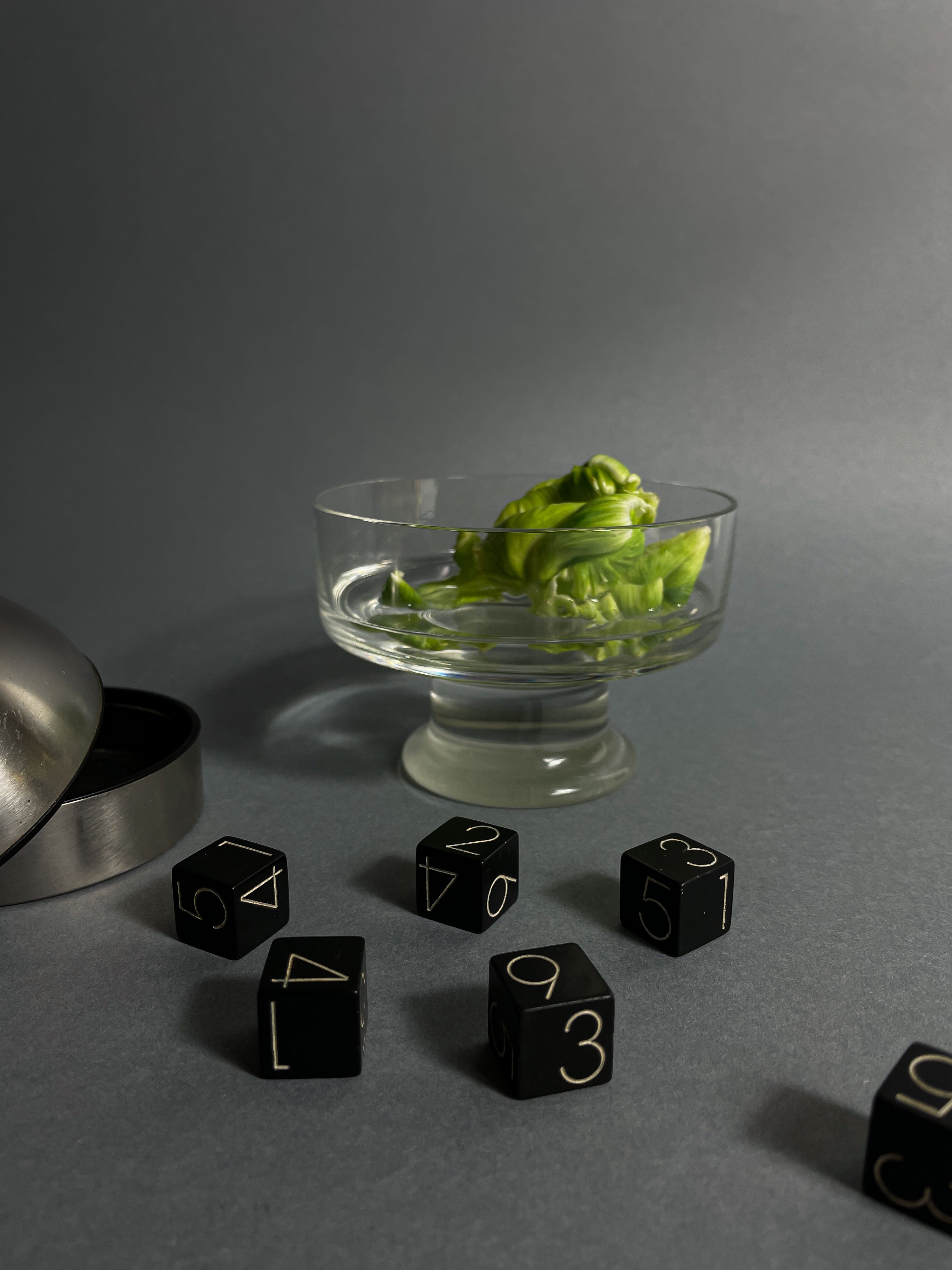 Gambling cubes with a glass of water, containing a parrot tulip