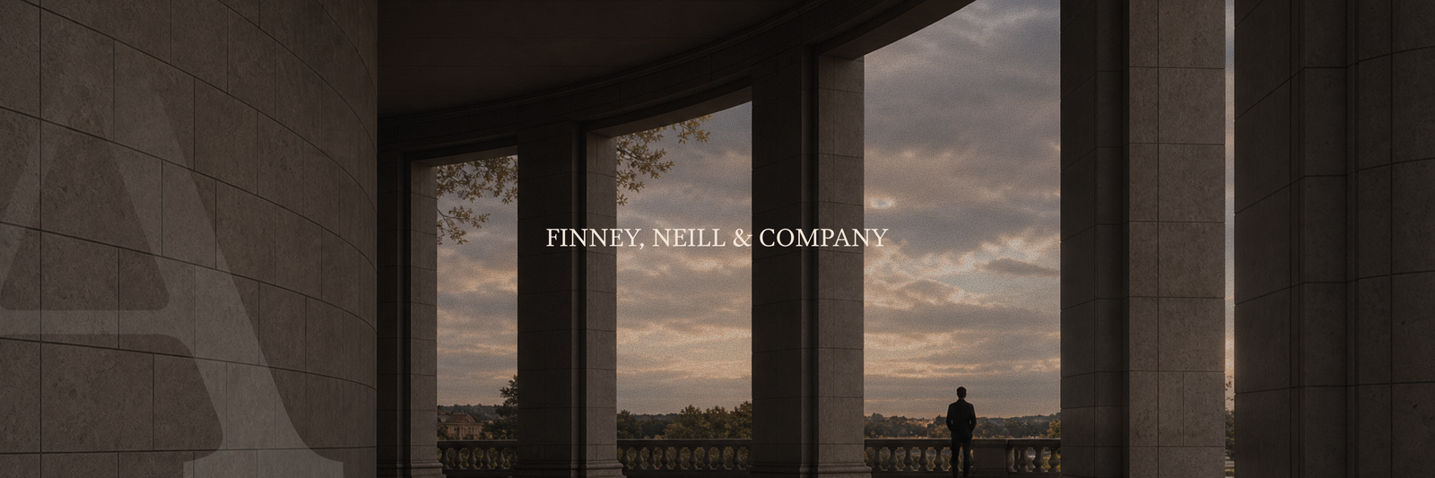 FINNEY, NEILL & COMPANY text on an image of a dark colonnade with a person looking out at a cloudy landscape.