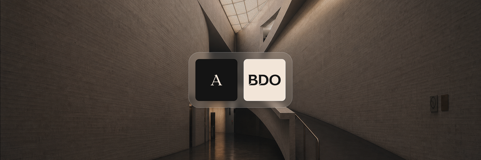 UI with 'A' and 'BDO' buttons in a modern concrete building interior.