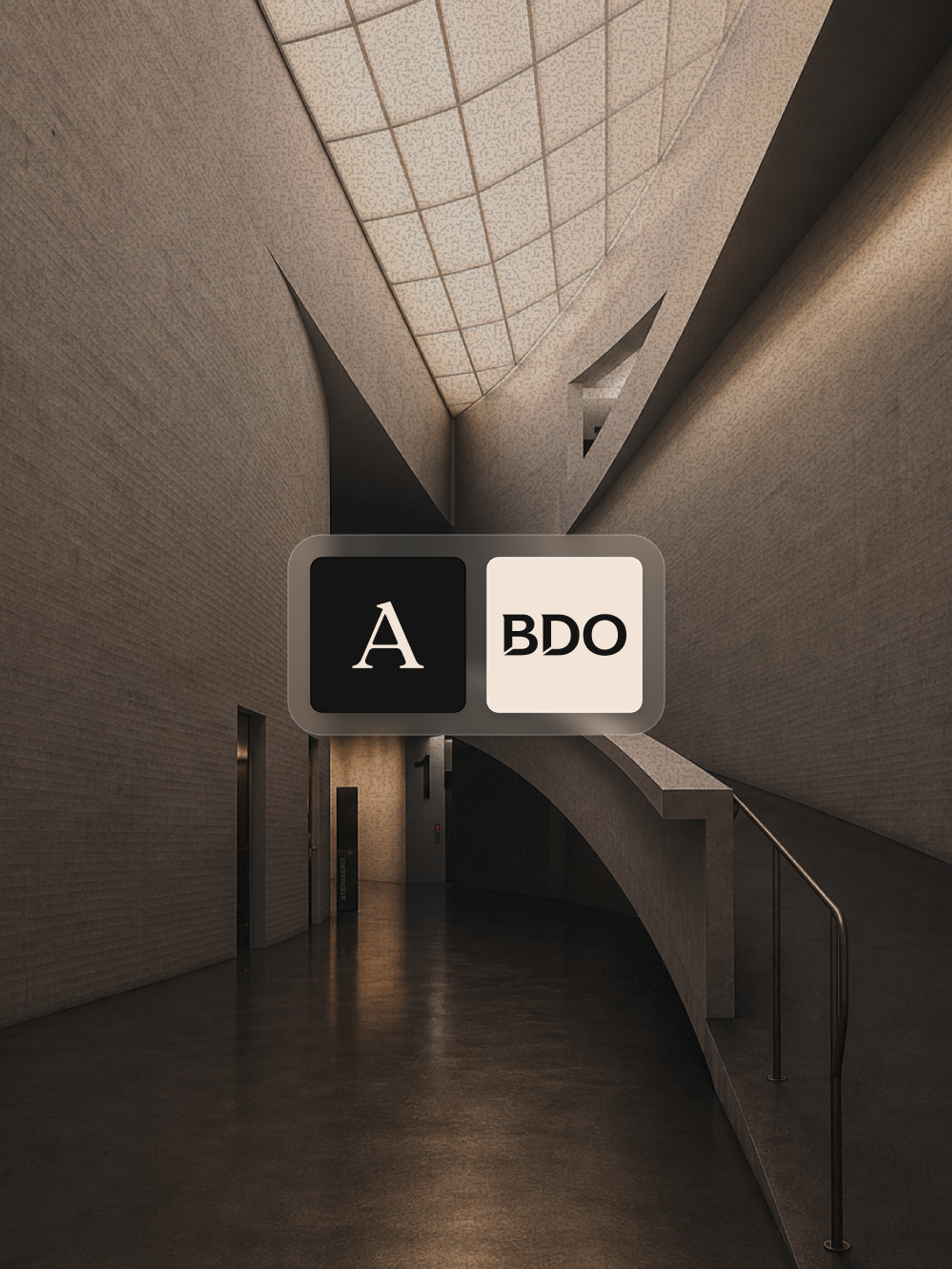 A modern, angular building interior with textured walls and a grid ceiling. A black button with a white 'A' and a white button with 'BDO' are overlaid in the center.