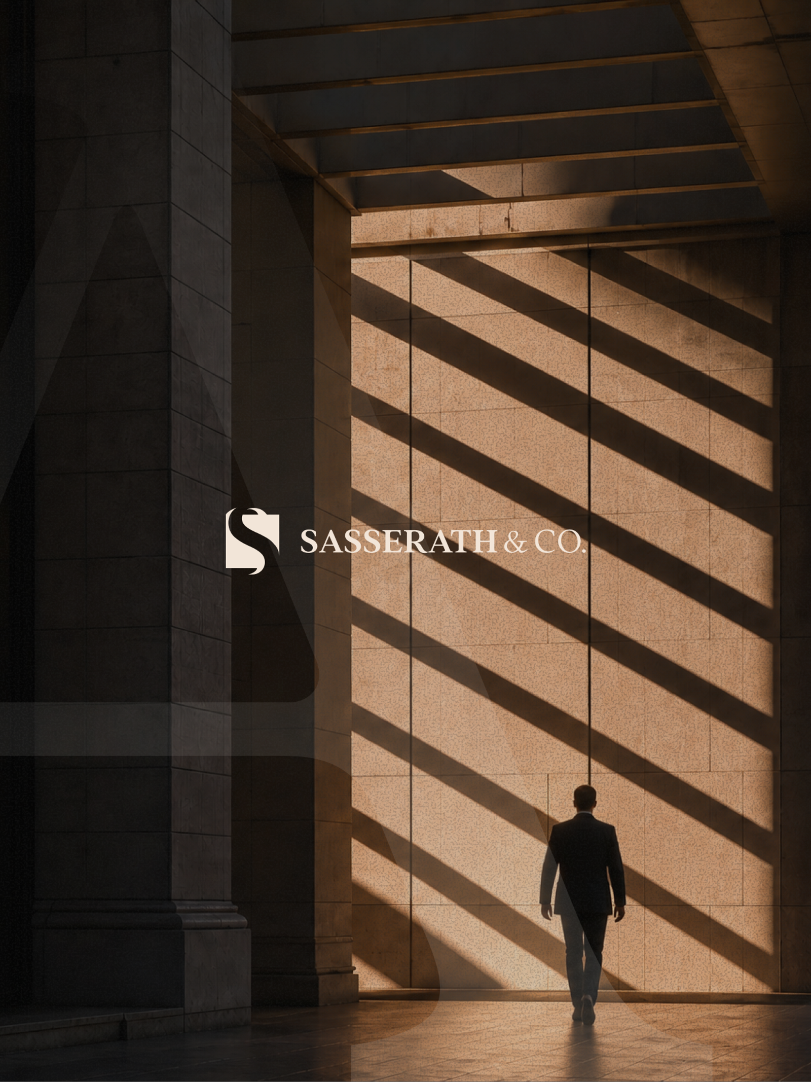 Sasserath & Co. logo and name next to a man in a suit walking into an area of diagonal sunlight and shadows.