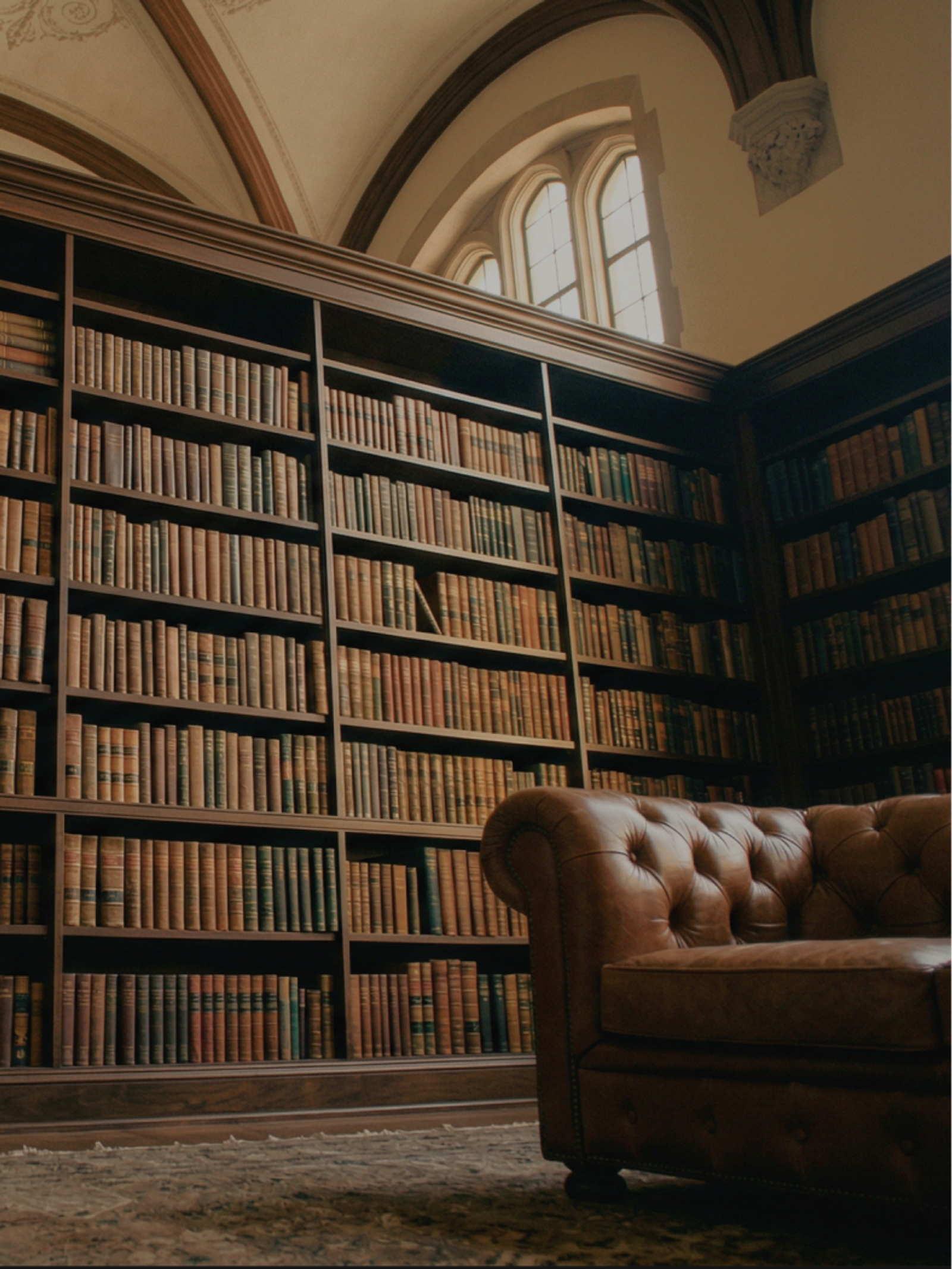 Bookshelves and leather armchair in a private library, representing the Tax practice area