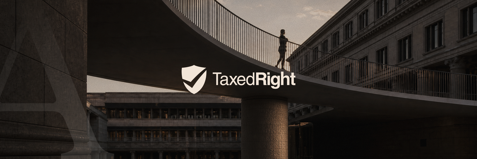 TaxedRight logo with a person walking on a curved pedestrian bridge between buildings.