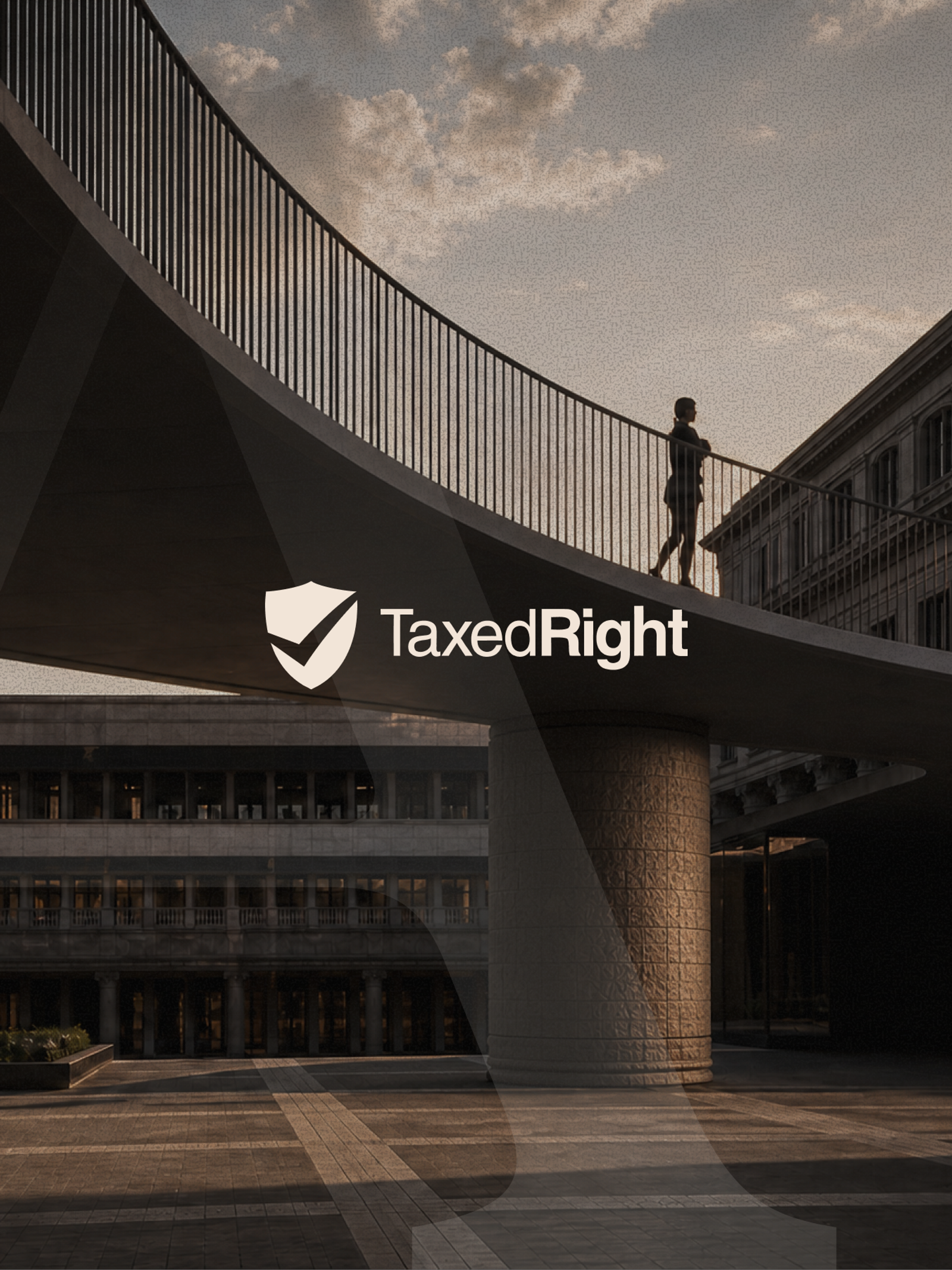 Silhouette of a person on a curved pedestrian bridge over buildings, with the TaxedRight logo.