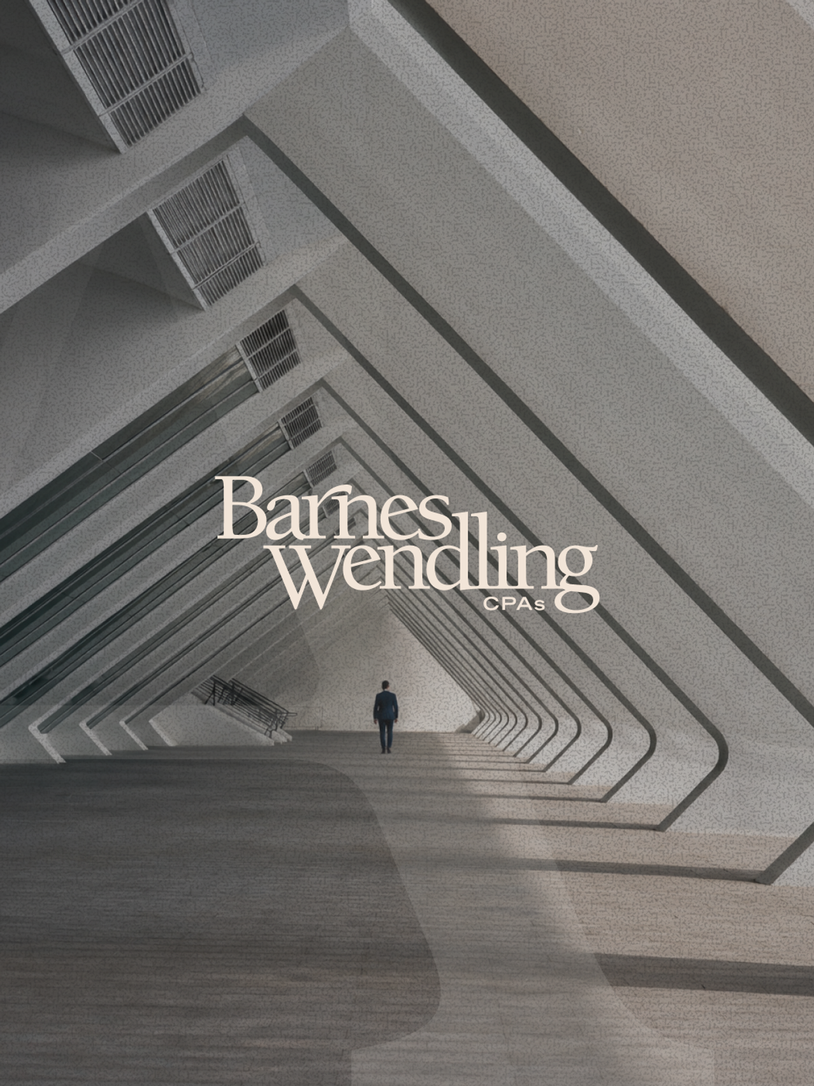 A man walks down a long, geometric hallway, with "Barnes Wendling CPAs" text overlaid.