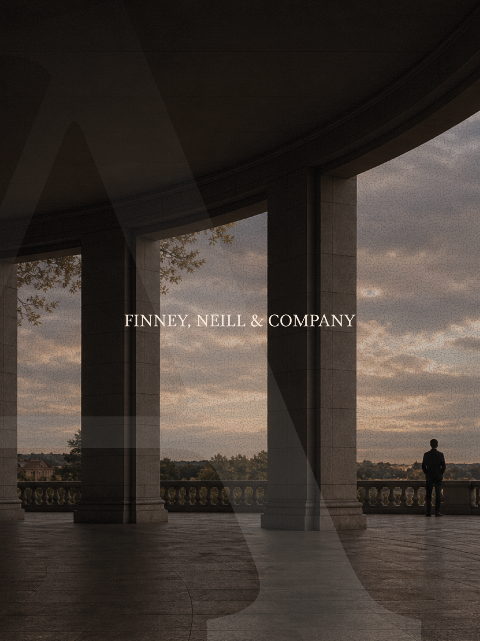 FINNEY, NEILL & COMPANY text on an image of a dark colonnade with a person looking out at a cloudy landscape.