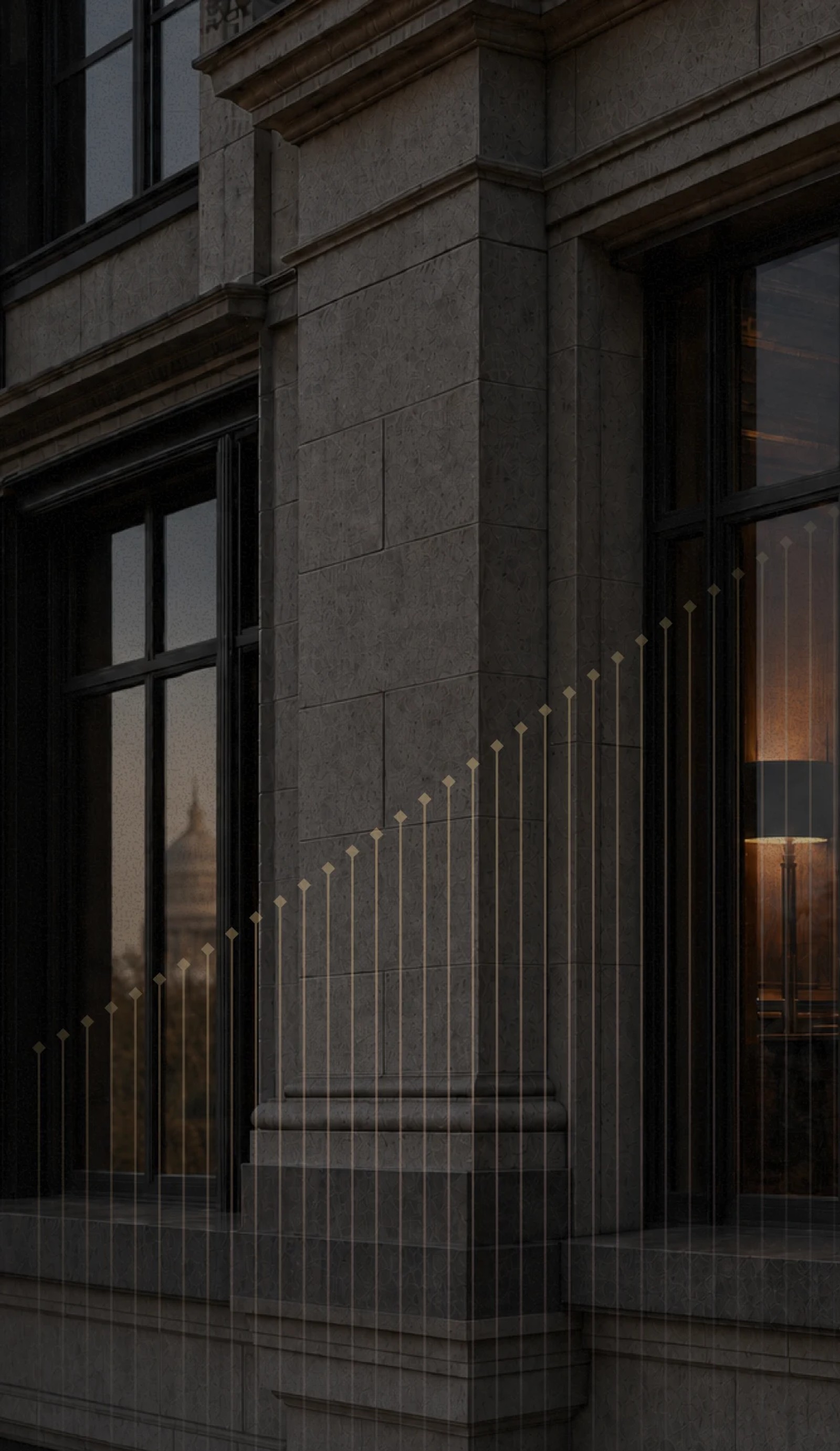 Building facade with windows reflecting the US Capitol and an interior lamp, overlaid with an ascending growth chart.