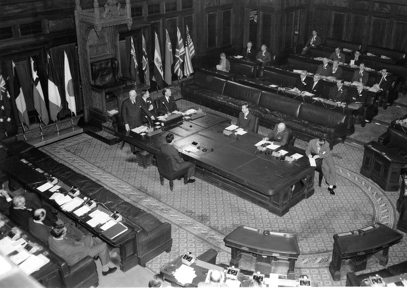 The first Antarctic Treaty Consultative Meeting (ATCM), Parliament House, Canberra, 10 July 1961, with Australian Prime Minister Robert Menzies at the podium. Image: Australian Government, “The First ATCM,” ATS Image Bank,accessed February 15, 2021, https://atsimagebank.omeka.net/items/show/72.