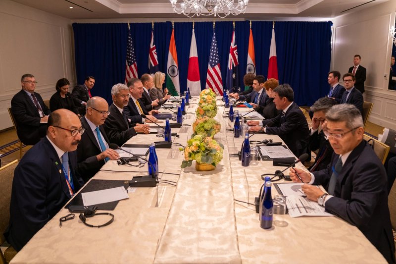 US Secretary of State Mike Pompeo hosts a Quad meeting with Australian Foreign MinisterMarise Payne, Indian External Affairs Minister Subrahmanyam Jaishankar,and Japanese Foreign Minister Toshimitsu Motegi, at the Palace Hotel, New York, 26 September 2019.Photograph courtesy US Department of State/Ron Przysucha/Flickr.