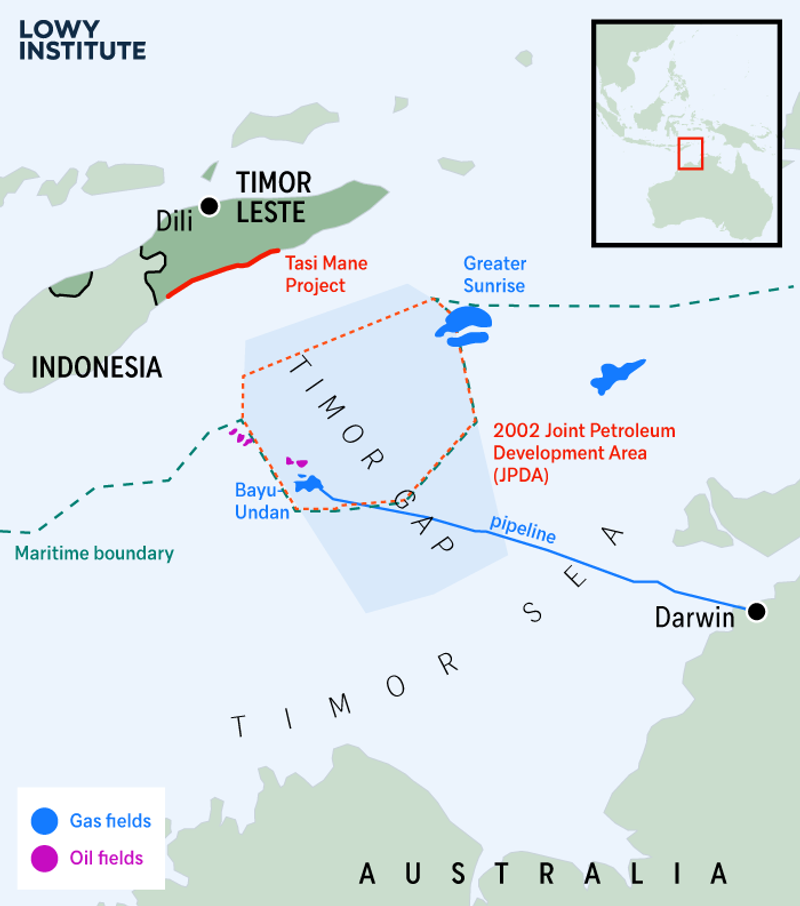 Map of Timor-Leste showing oil and gas reserves