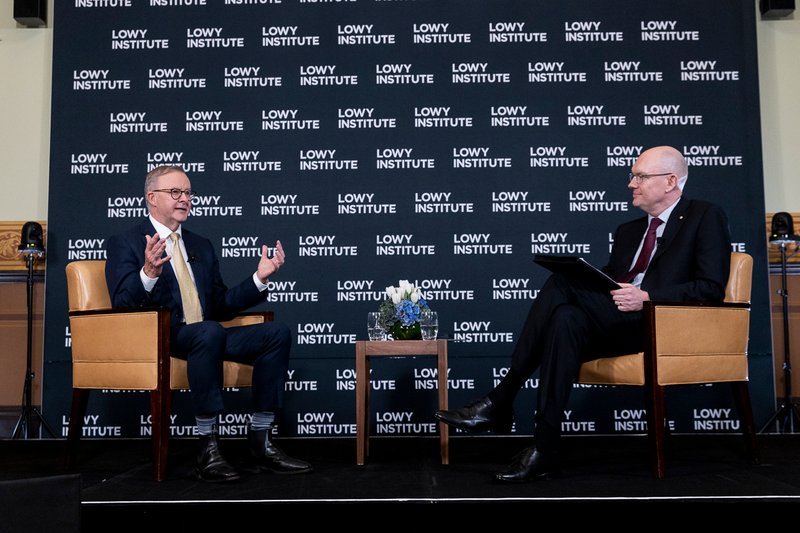 Anthony Albanese in conversation with Michael Fullilove. Photo: Peter Morris/Sydney Heads for the Lowy Institute
