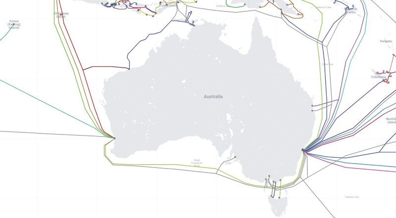 Existing and planned Australian submarine cable connections (Map via TeleGeography, www.submarinecablemap.com under CC BY-SA 4.0)
