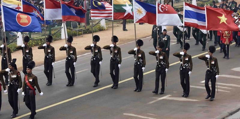 ASEAN flags on parade before the India-ASEAN summit in January 2018 (Photo: Mohd Zakir/Getty)
