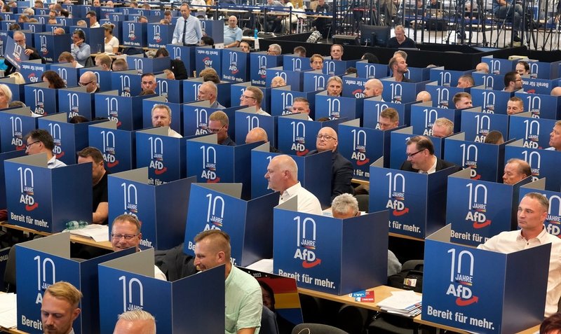 29 July 2023, Saxony-Anhalt, Magdeburg: Delegates cast their votes for the AfD's European election list positions behind voting booths at the European Election Convention at the Magdeburg Trade Fair Center. Photo: Sebastian Willnow/dpa (Photo by Sebastian Willnow/picture alliance via Getty Images)