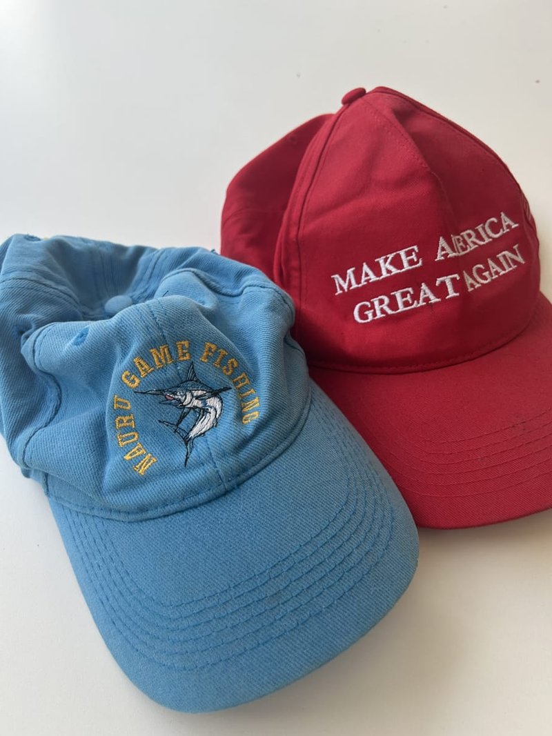 Two hats, Nauru Game Fishing and a Make America Great Again