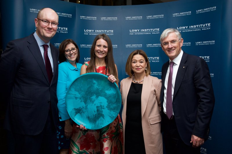 The 2016 Lowy Institute Media Award ceremony. From left to right: Michael Fullilove, Jane Anderson, Jewel Topsfield, Michelle Guthrie and Steven Lowy.