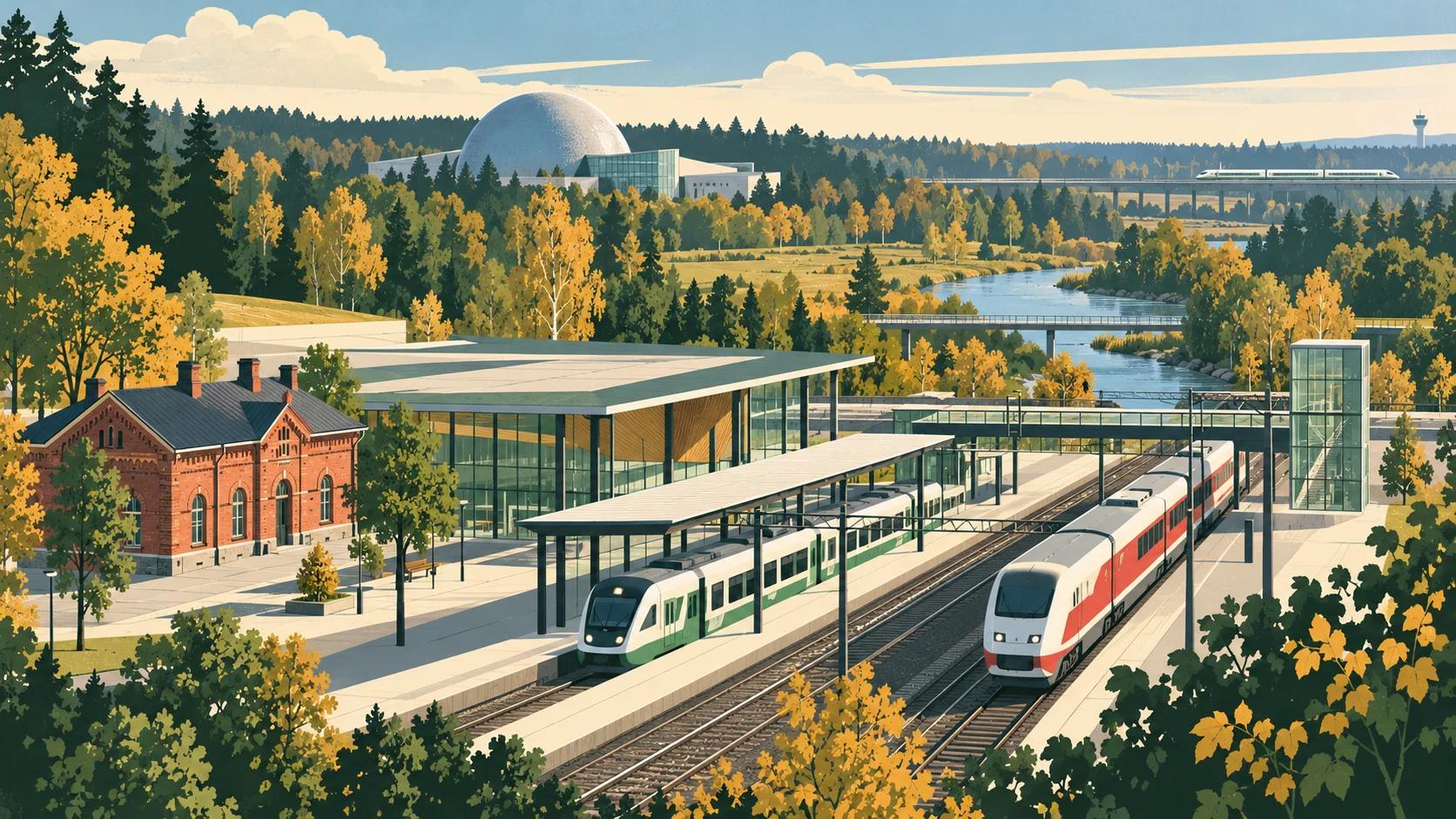 Editorial illustration of Tikkurila station, old brick station, river and Heureka
