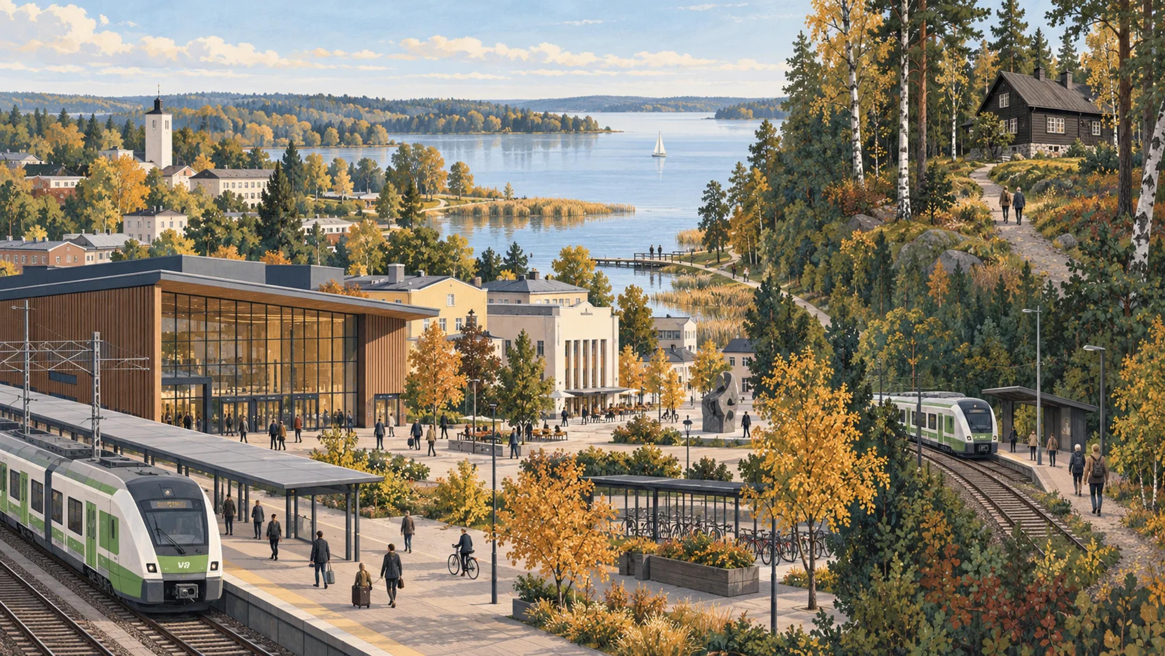 Kuvitettu Järvenpään asema, Tuusulanjärvi ja erillinen reitti Ainolaan