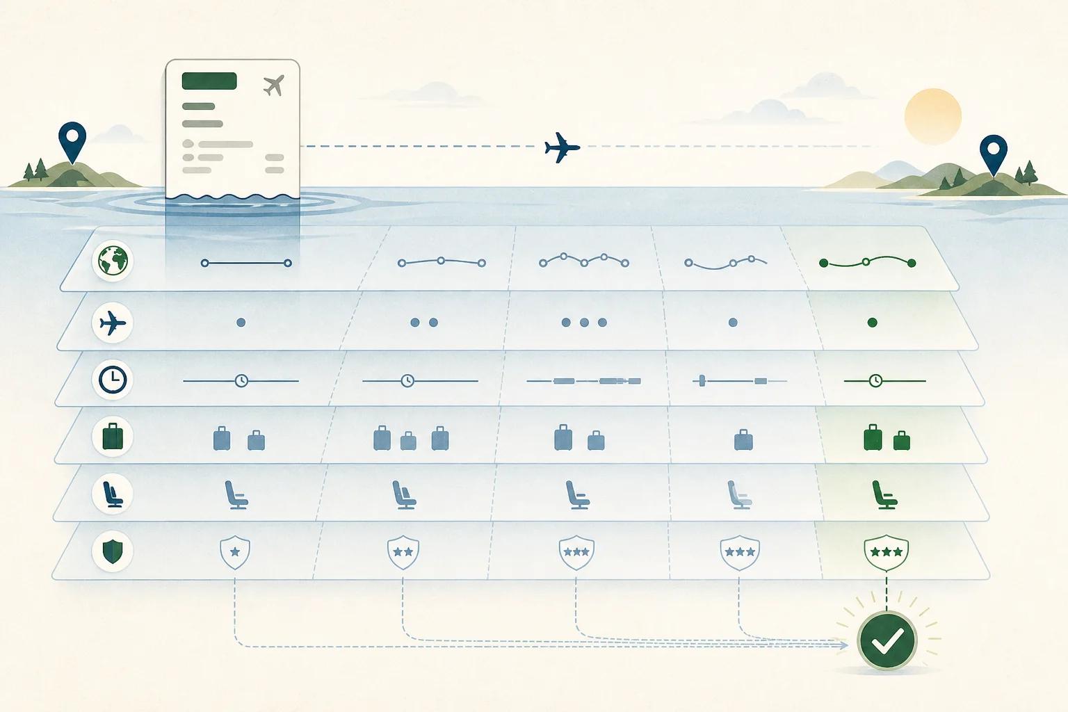Illustration showing a visible fare at the surface and deeper journey factors beneath it