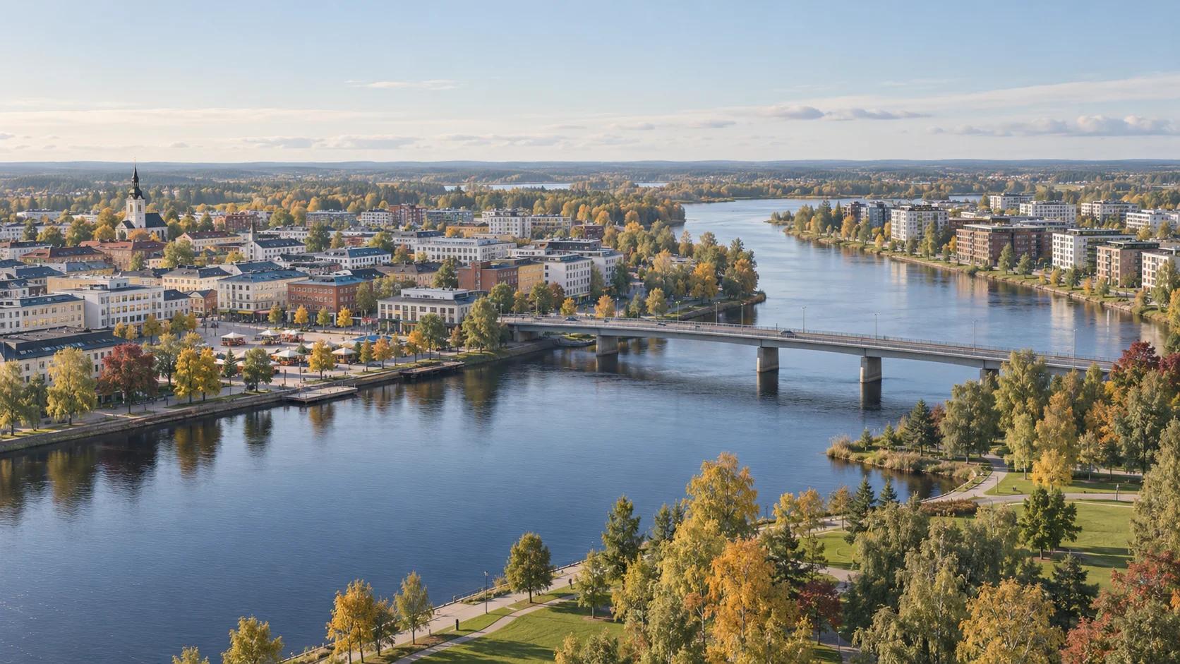 Toimituksellinen näkymä Joensuun keskustaan Pielisjoen yli
