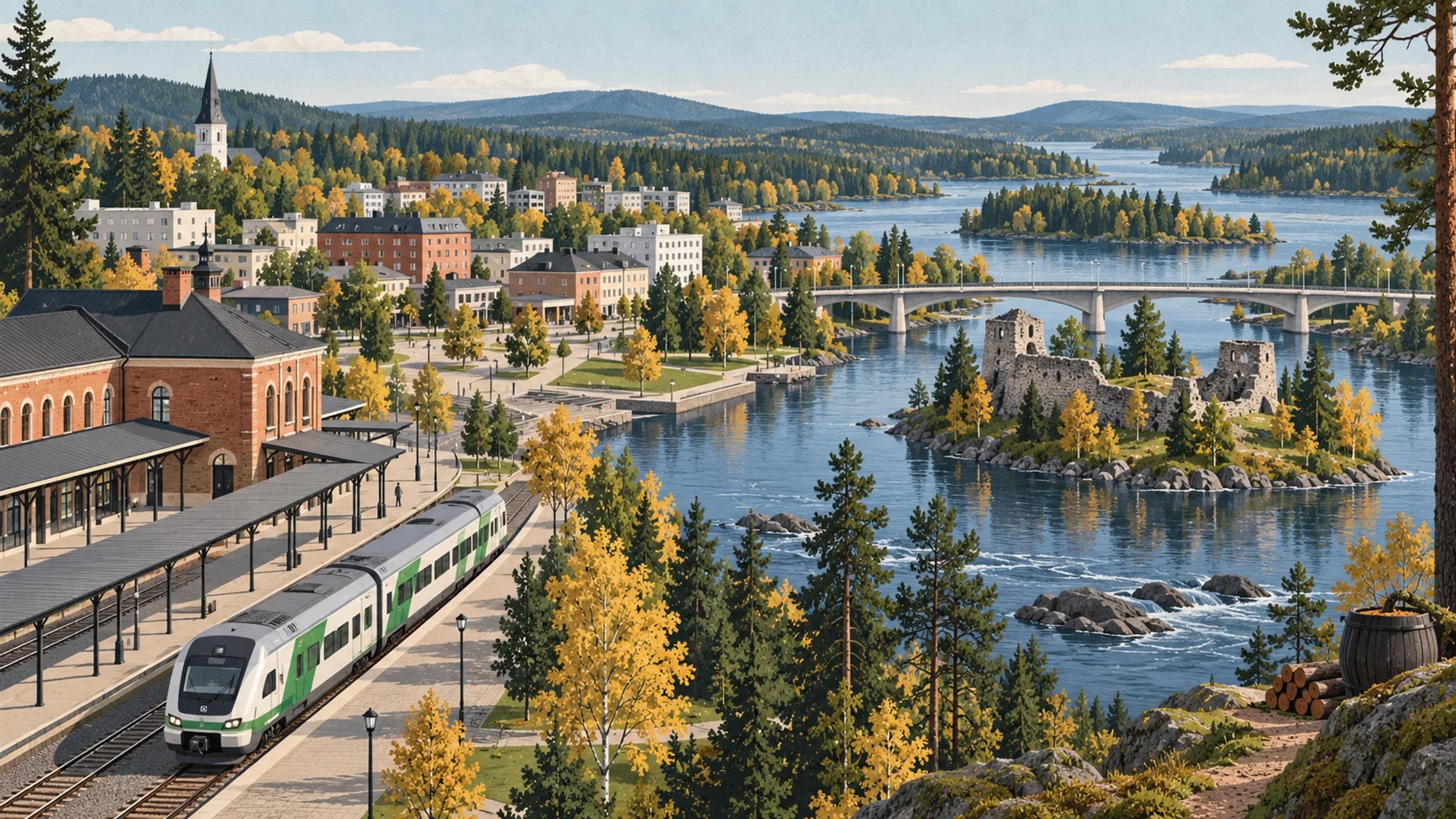 Editorial illustration of a train arriving in Kajaani beside the river and castle ruins