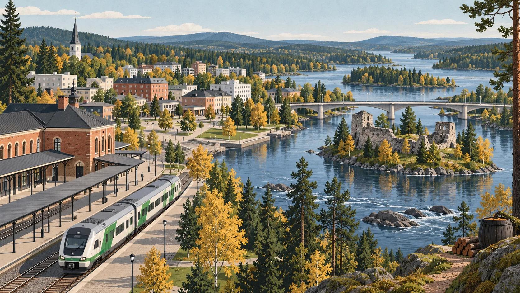 Kuvitettu junasaapuminen Kajaaniin joen ja linnanraunioiden äärelle