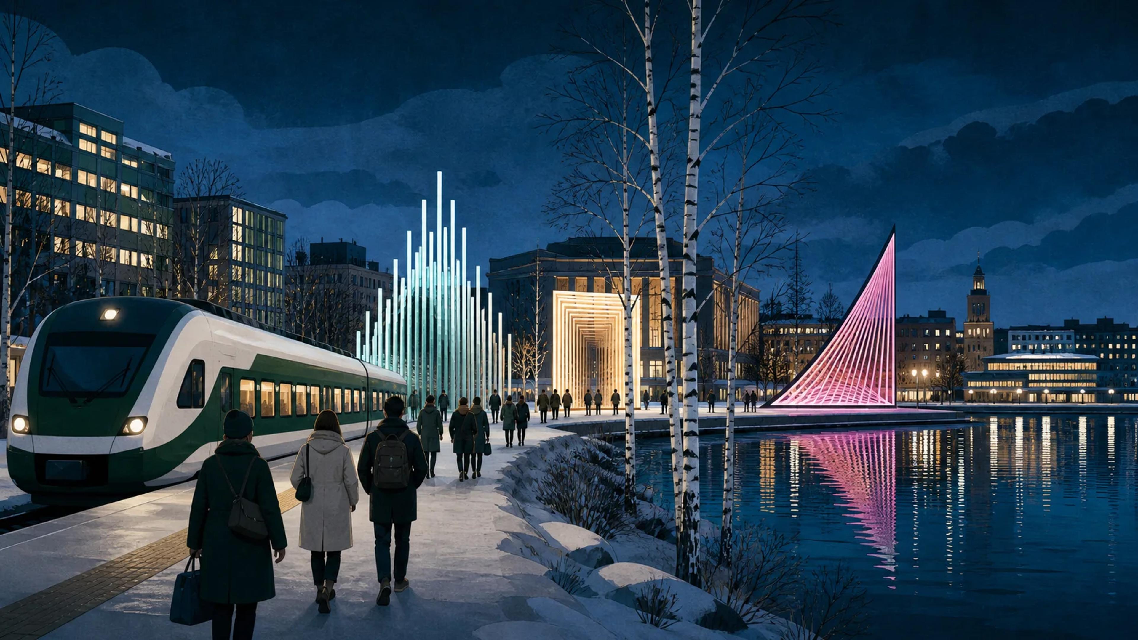 Kuvitettu yöjuna saapuu värikkäiden valotaideteosten viereen lumisessa suomalaisessa kaupungissa