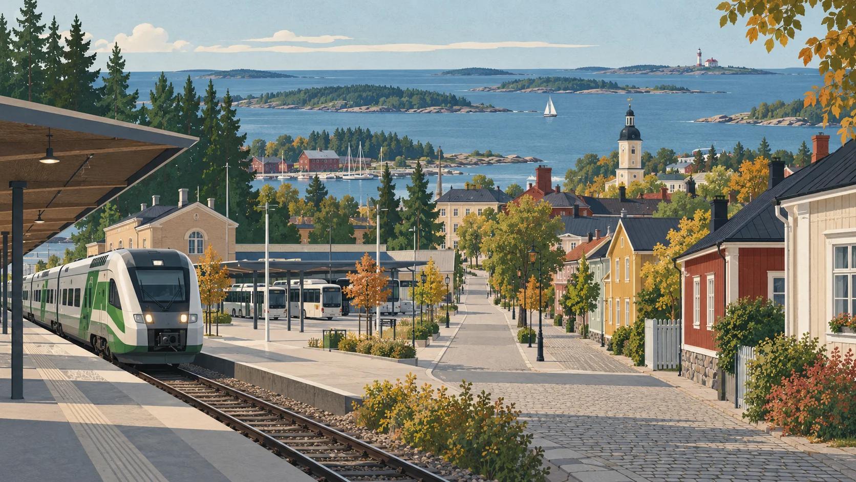 Editorial illustration of Kokkola railway station, Neristan wooden houses and the coast