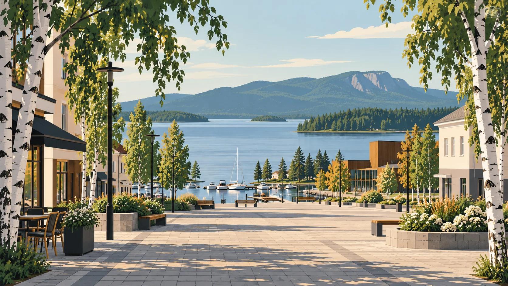 Kuvitettu Lieksan tori ja satama Pielisen rannalla, Koli etäällä