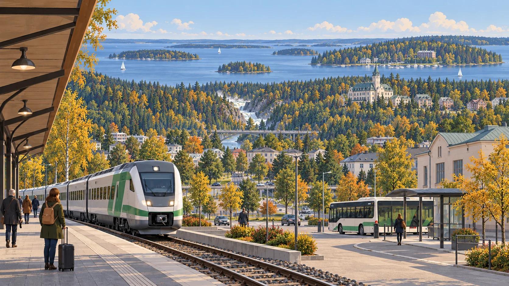 Kuvitettu Imatran asema, etäinen kosken alue ja Saimaa