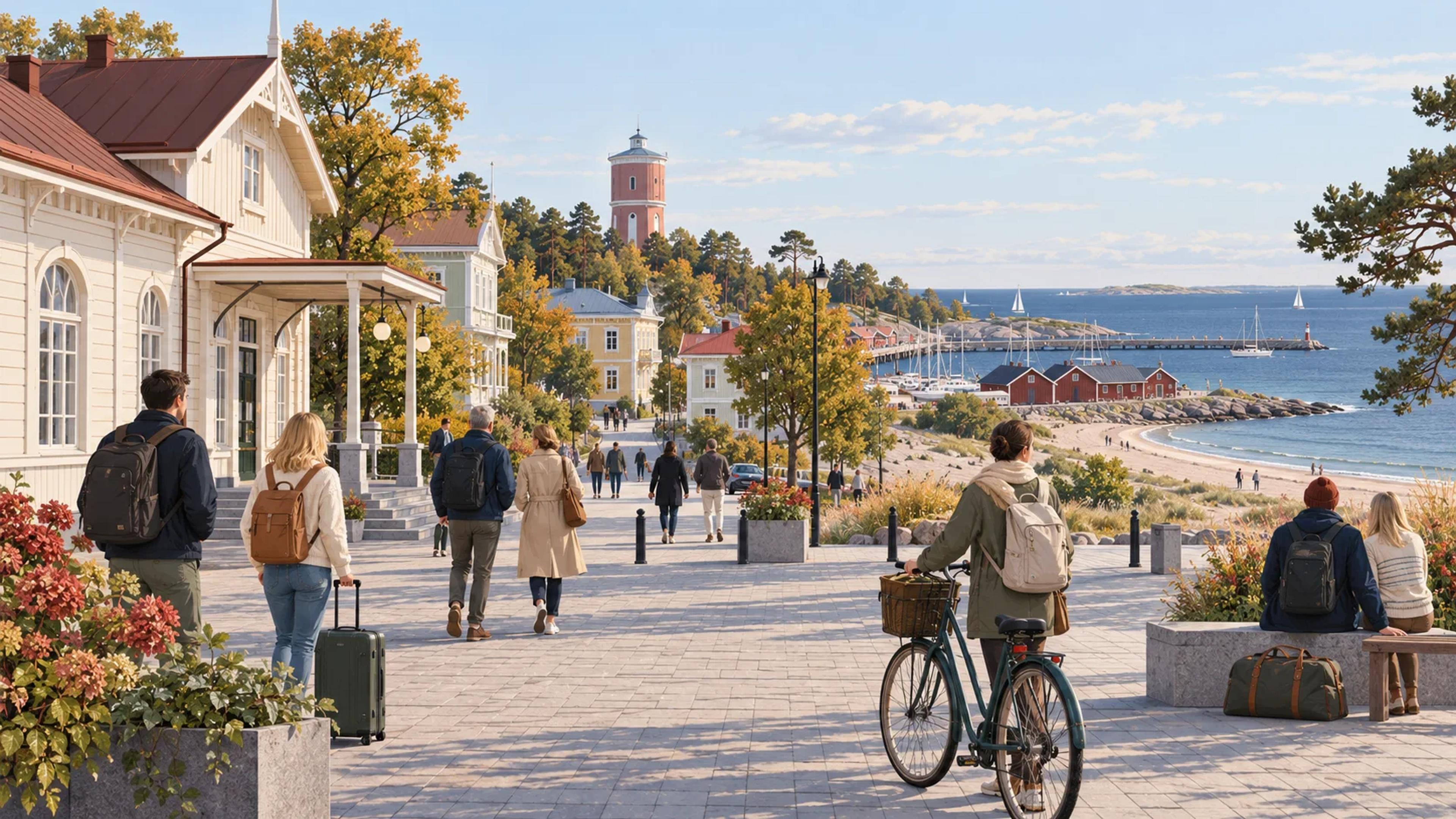 Editorial illustration of Hanko station square opening toward wooden villas, harbour and coast