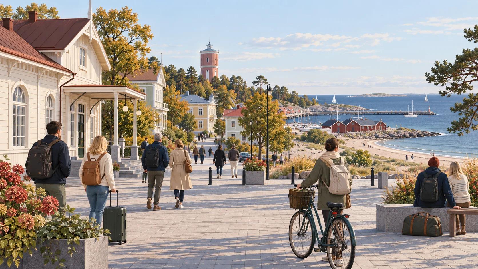 Kuvitettu Hangon asematori, josta avautuvat puuhuvilat, satama ja rannikko