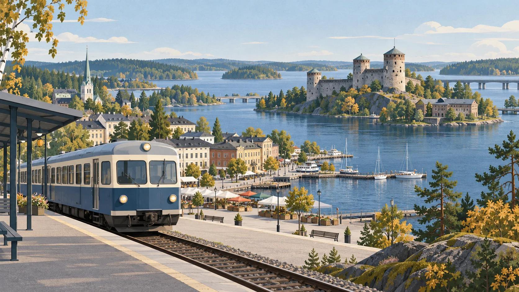 Kuvitettu kiskobussin saapuminen Savonlinnan sataman ja Olavinlinnan äärelle