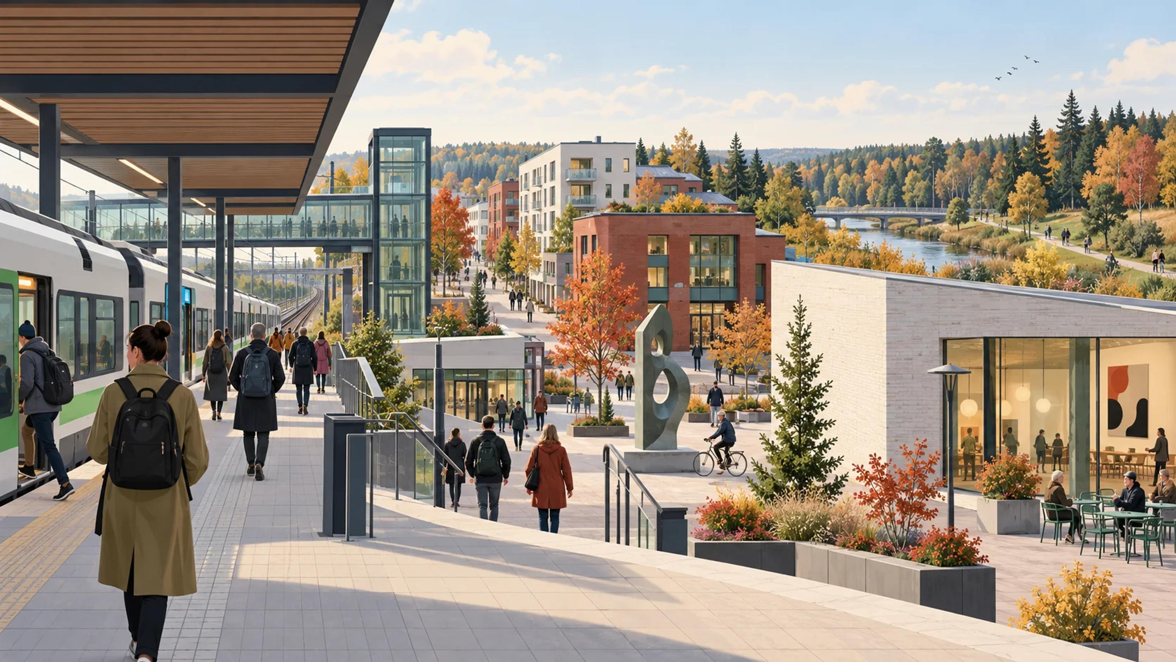 Kuvitettu Keravan asema, tiivis keskusta, taidemuseo ja jokireitti