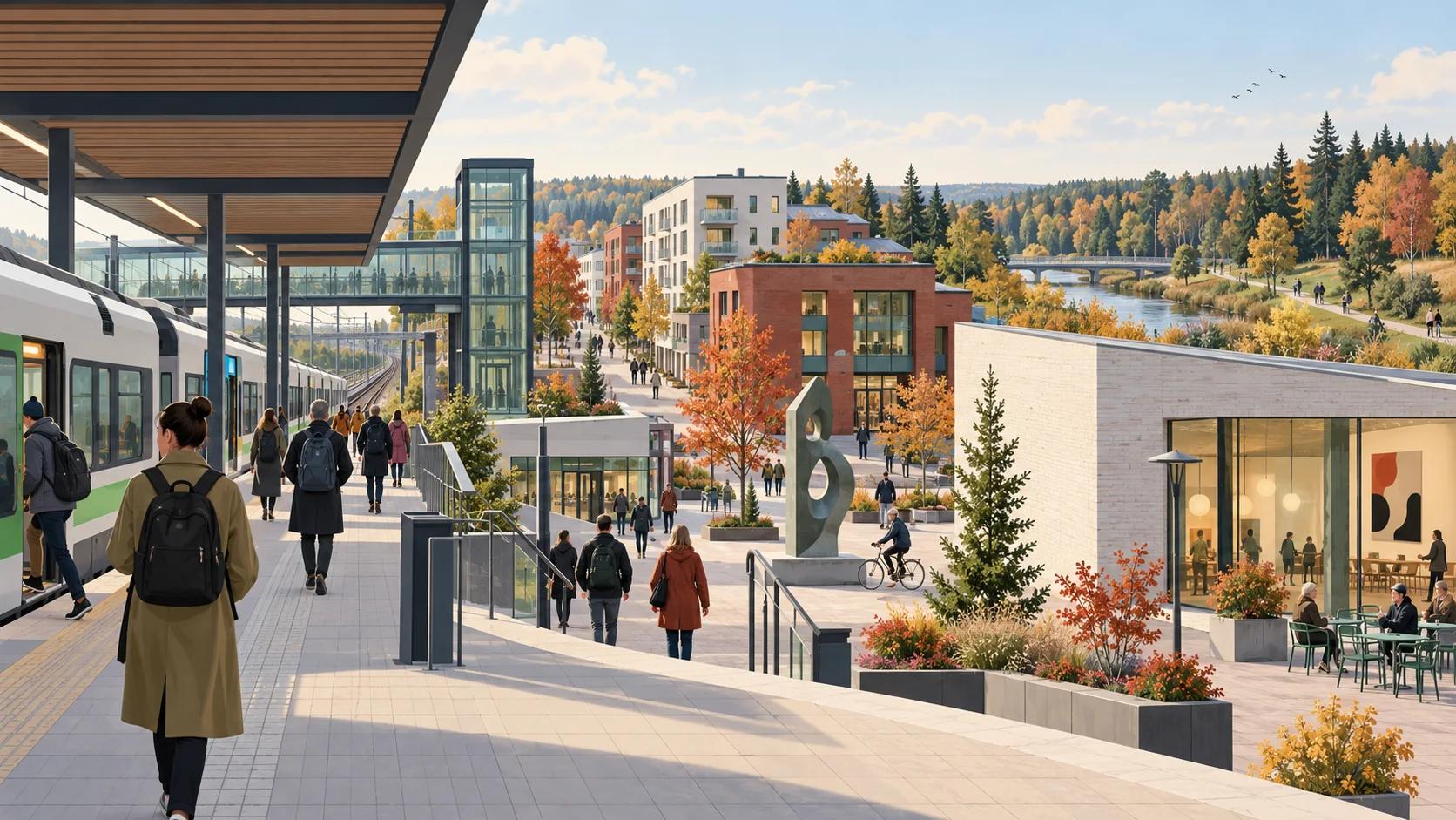 Kuvitettu Keravan asema, tiivis keskusta, taidemuseo ja jokireitti