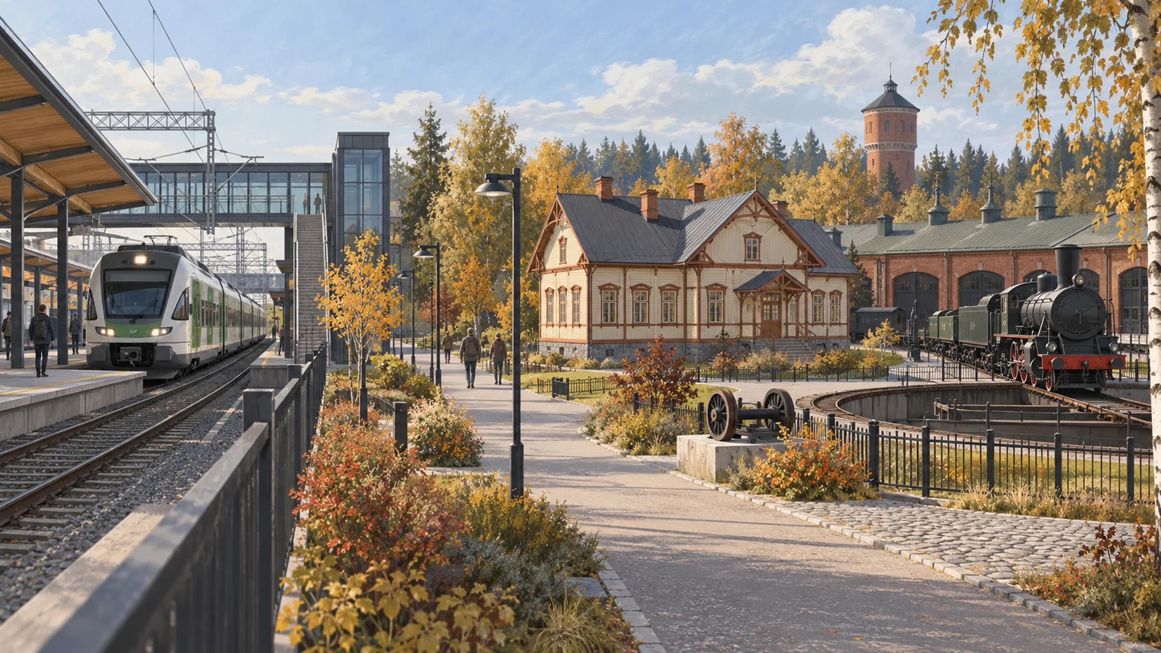 Kuvitettu Hyvinkään asema, kävelyreitti ja Suomen Rautatiemuseon alue