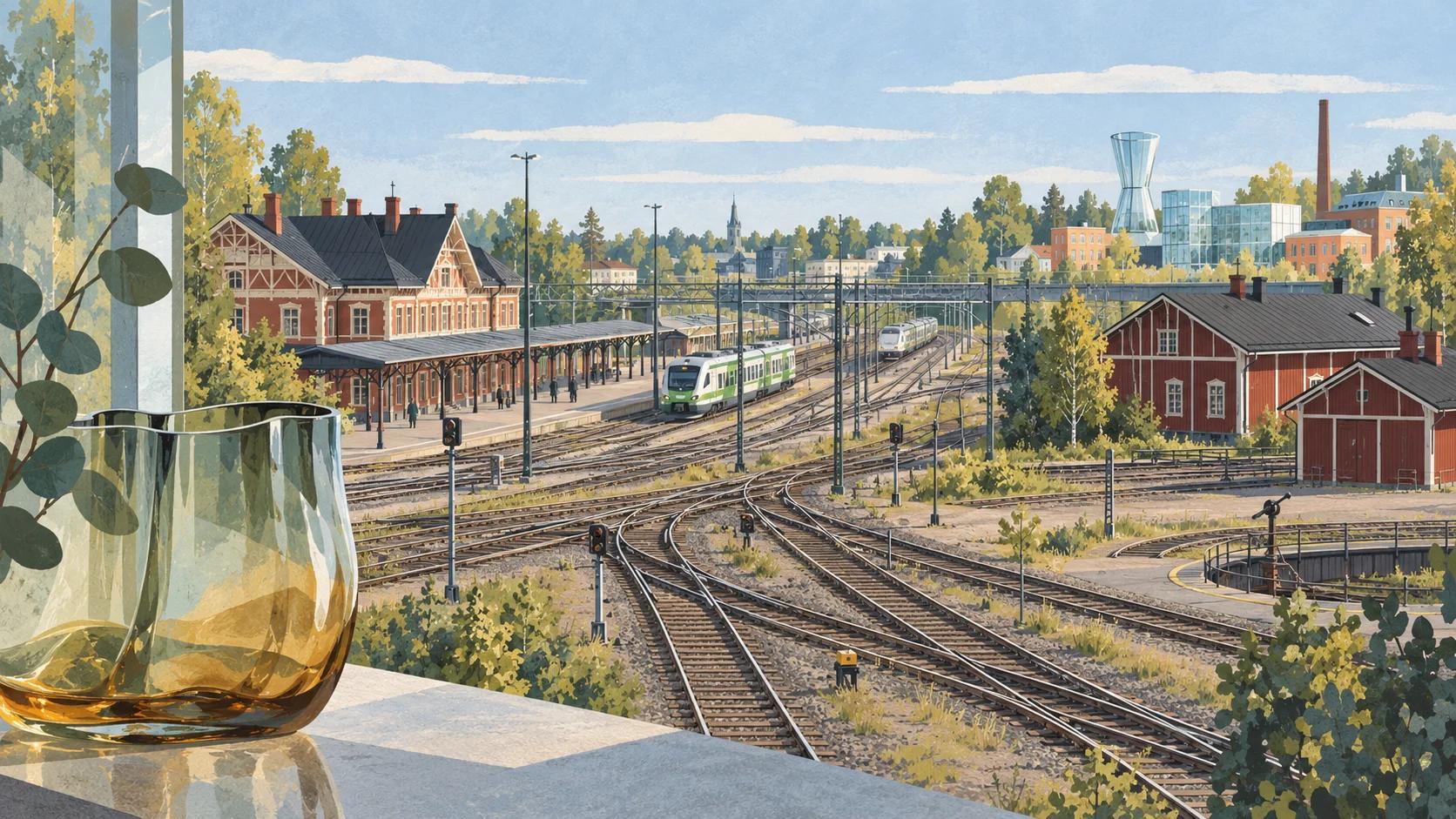 Kuvitettu Riihimäen risteysasema, Rautatienpuisto ja suomalaisen lasin aihe
