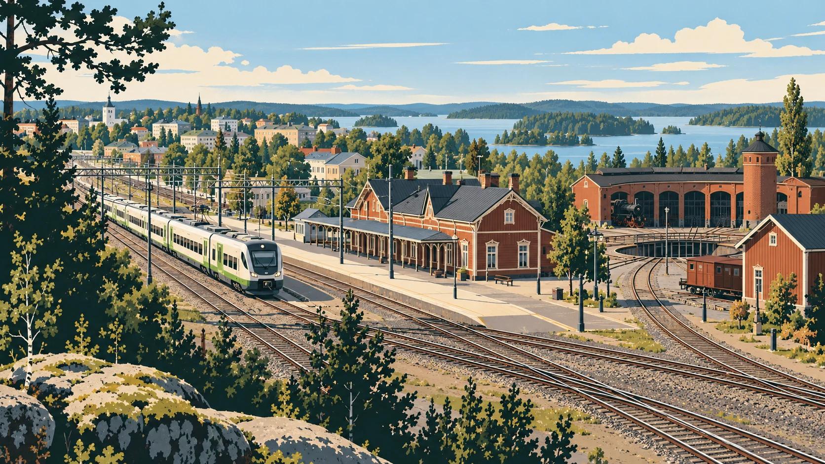 Editorial illustration of Pieksämäki railway junction, old station and roundhouse