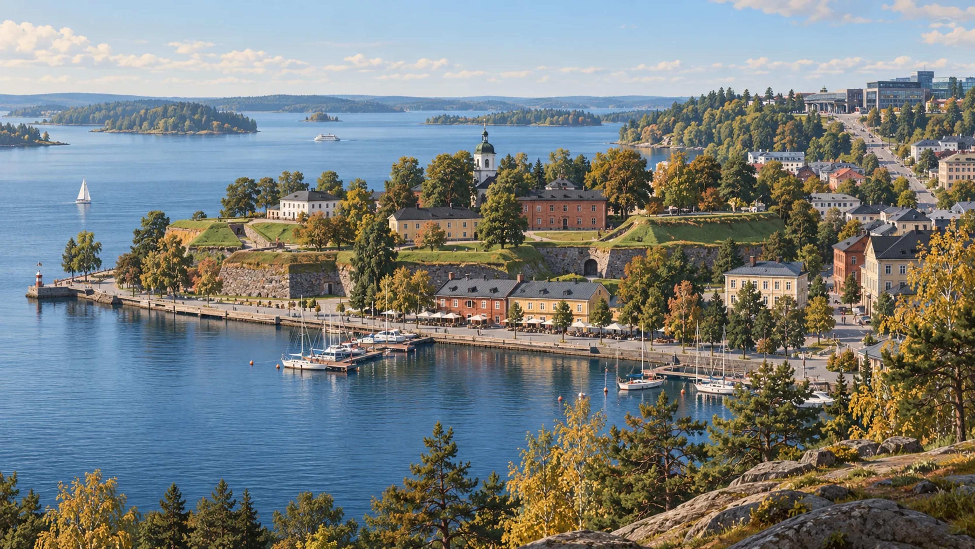 Toimituksellinen näkymä Lappeenrannan satamaan, linnoitukseen ja Saimaalle