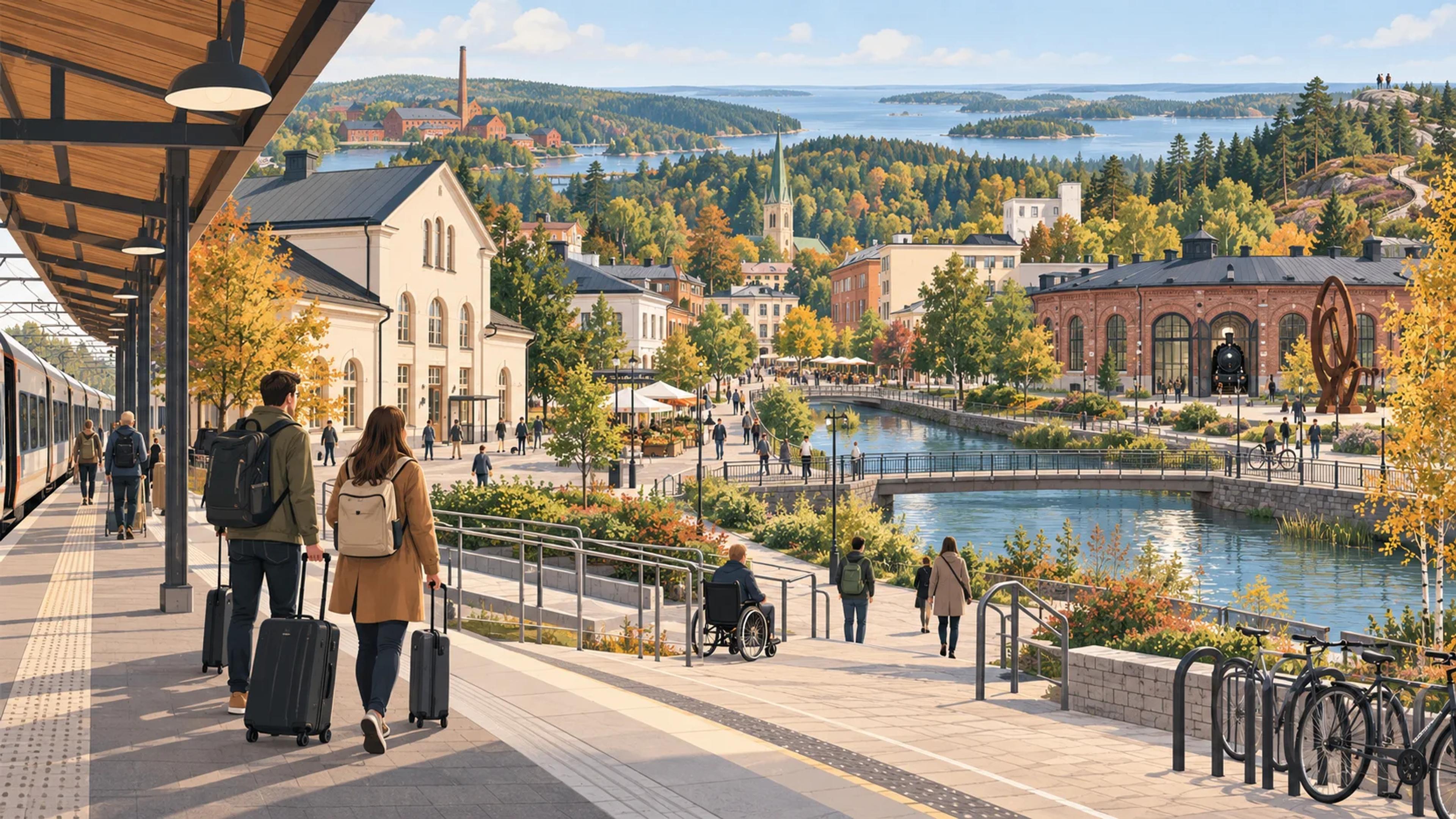 Kuvitettu Salon asema, jokikeskusta, veturitallimuseo ja etäinen rannikko