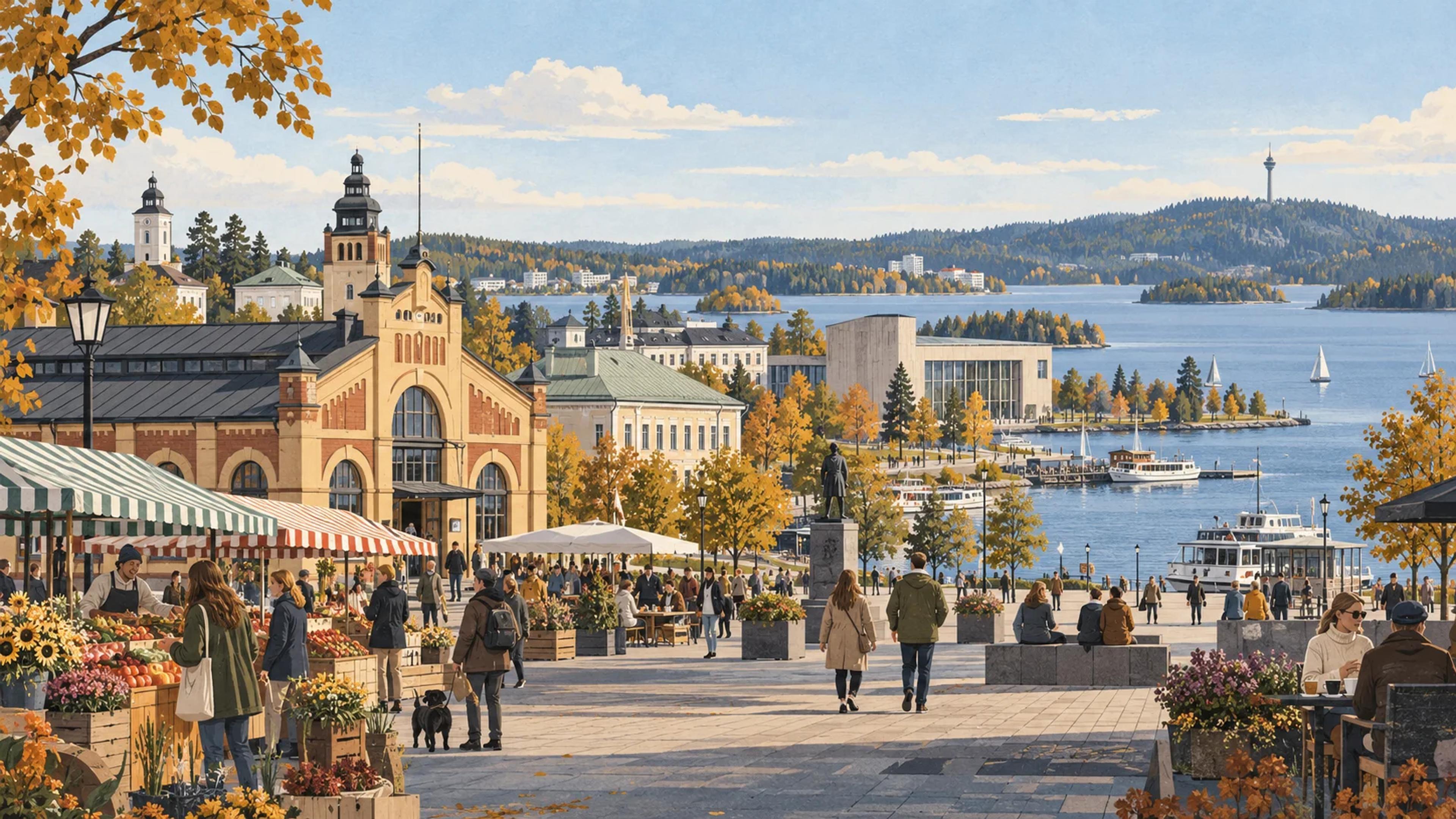 Toimituksellinen kuvitus Kuopion torista, satamasta, Kallavedestä ja etäisestä Puijon tornista