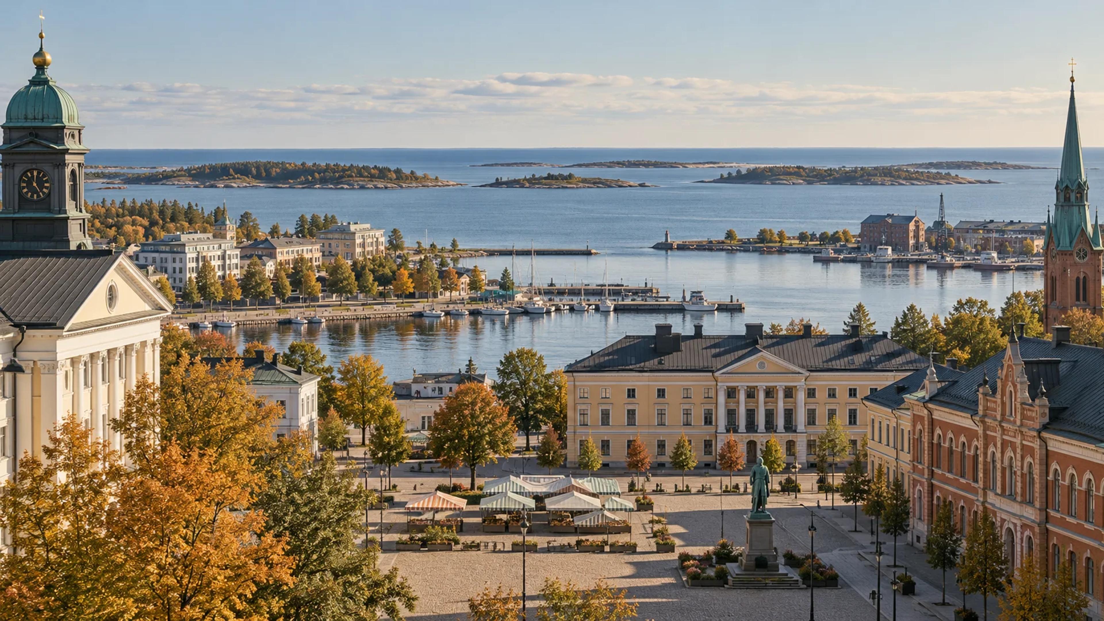 Toimituksellinen näkymä Vaasan keskustan ja sisäsataman yli kohti Merenkurkun rannikkoa