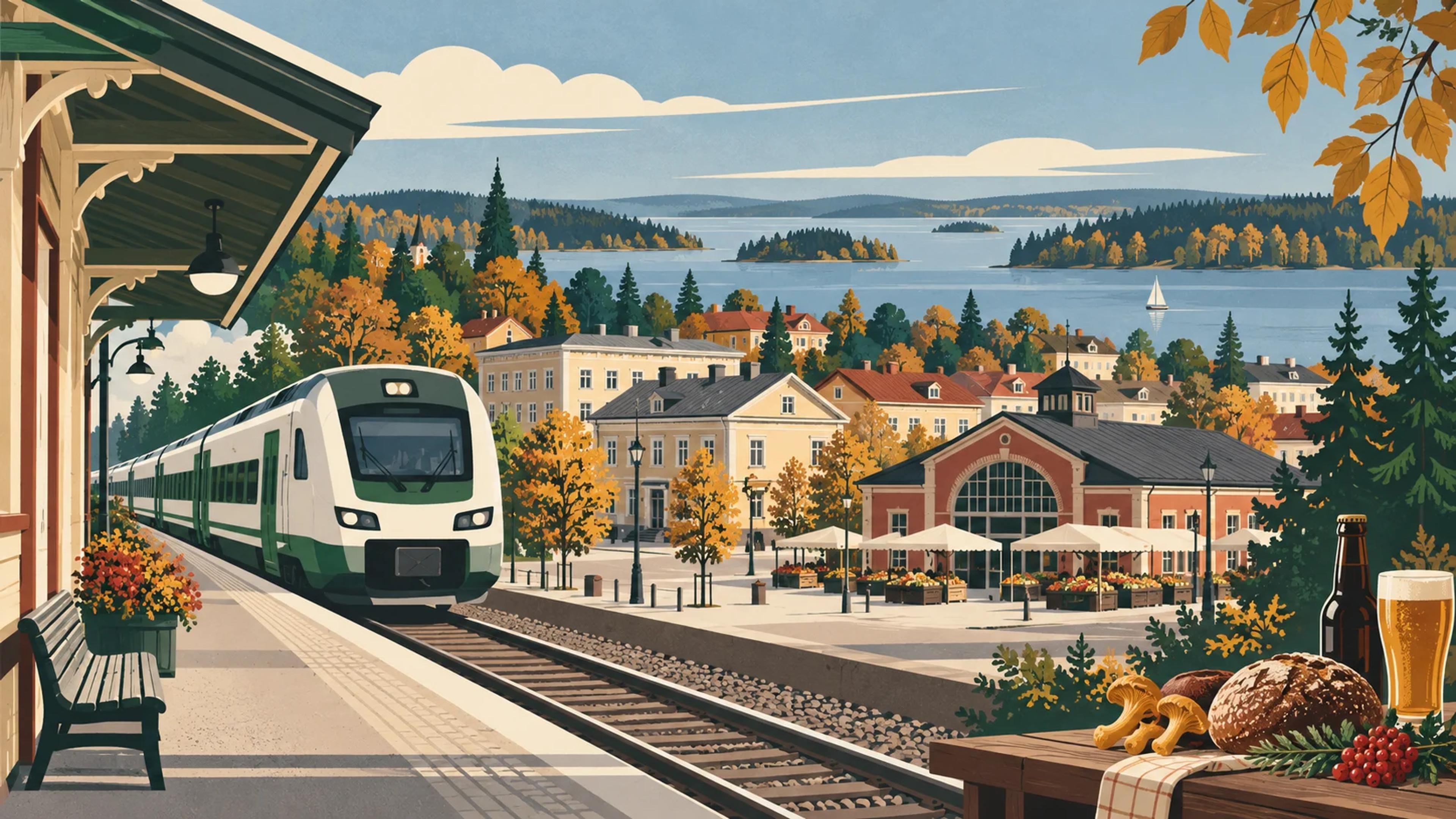 Editorial illustration of Iisalmi station, market district and Lake Porovesi