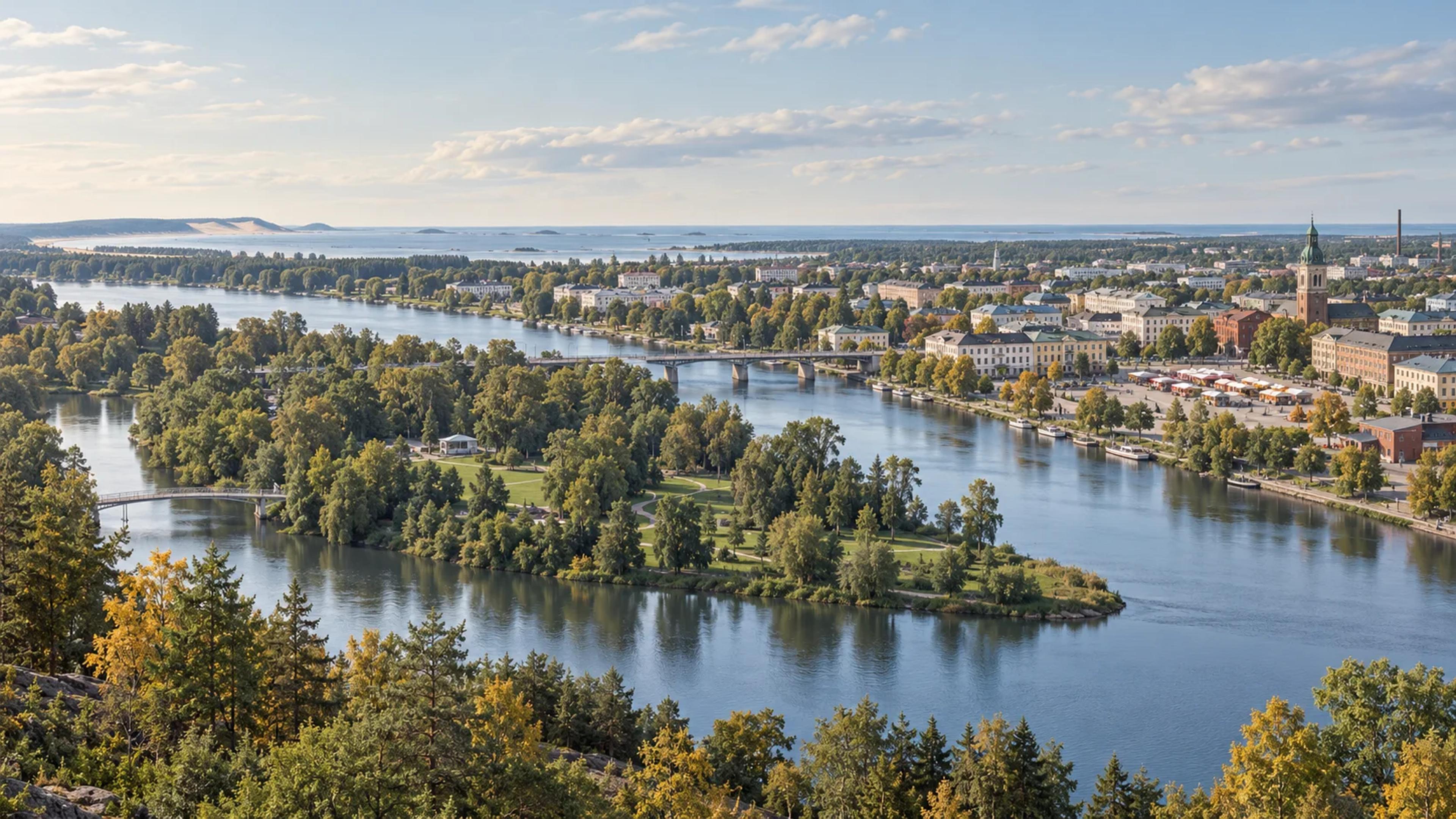 Toimituksellinen näkymä Poriin, Kokemäenjoelle ja Kirjurinluodon puistoon