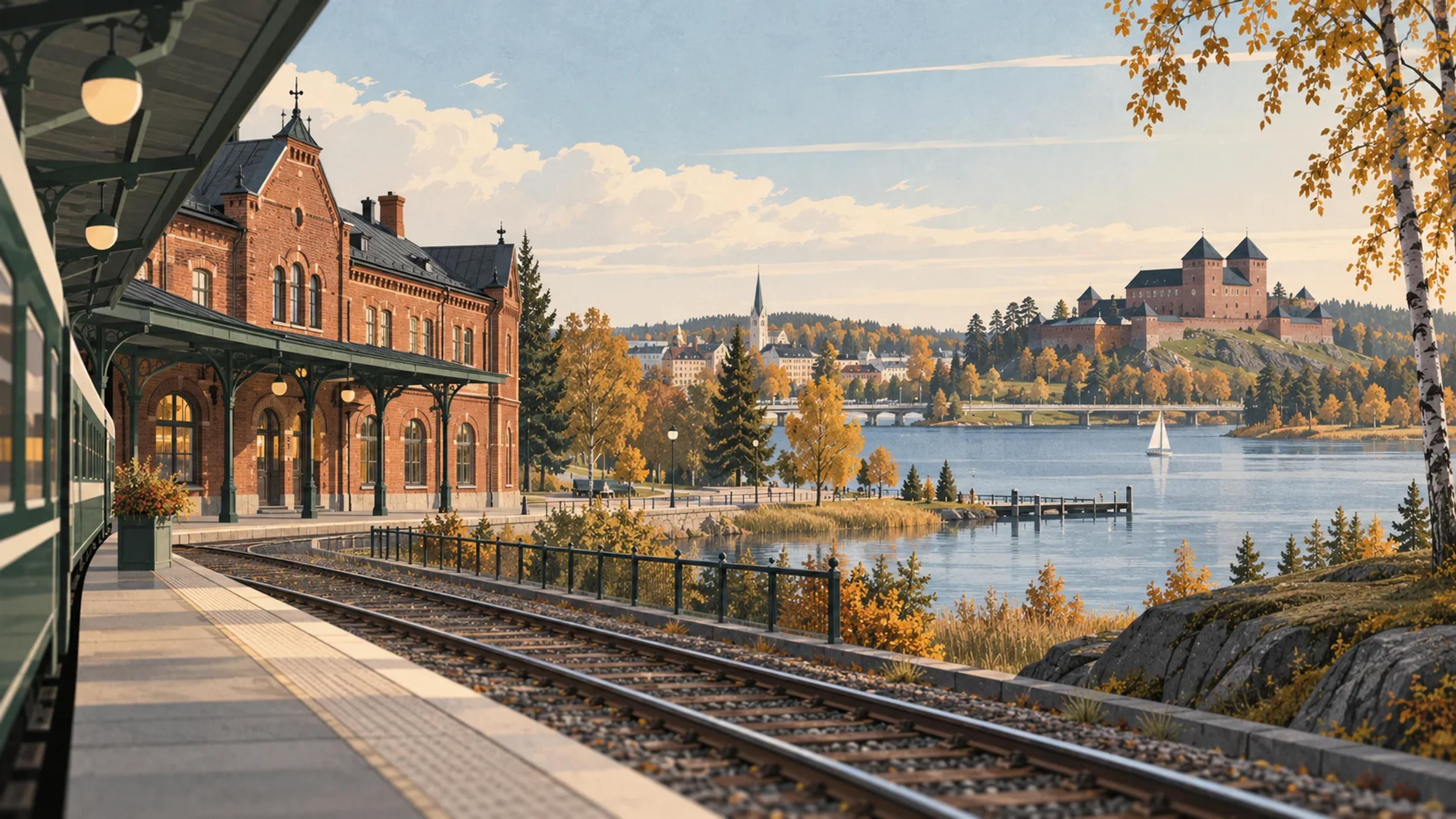 Kuvitettu Hämeenlinnan rautatieasema, Vanajavesi ja Hämeen linna syksyllä