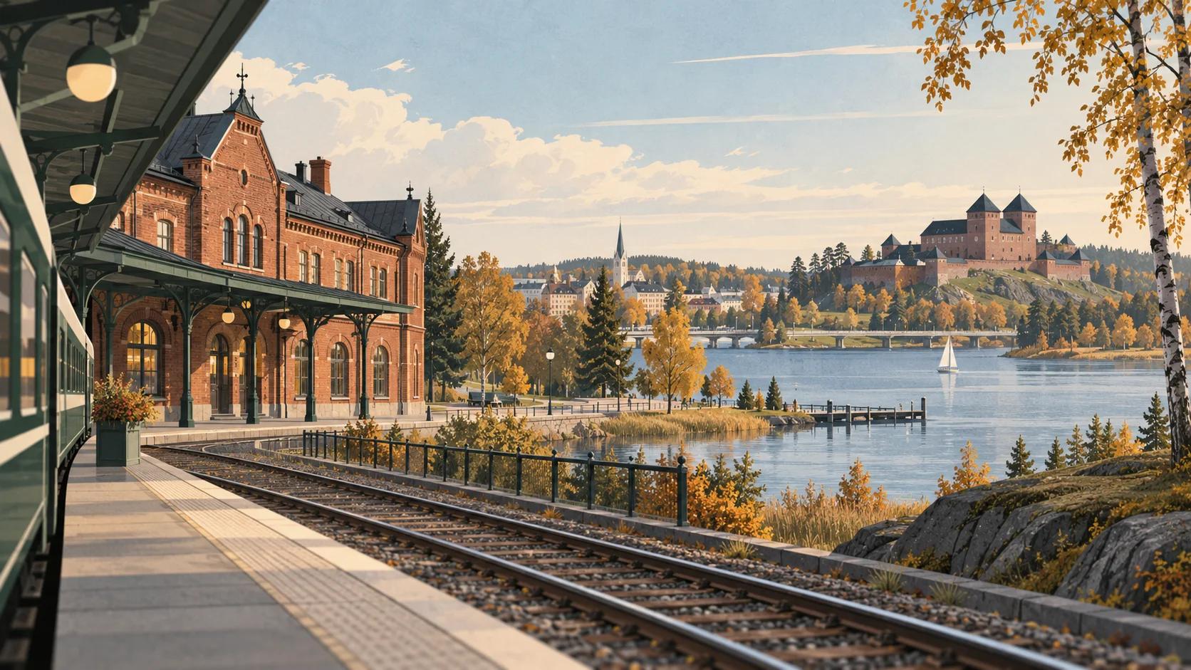 Kuvitettu Hämeenlinnan rautatieasema, Vanajavesi ja Hämeen linna syksyllä