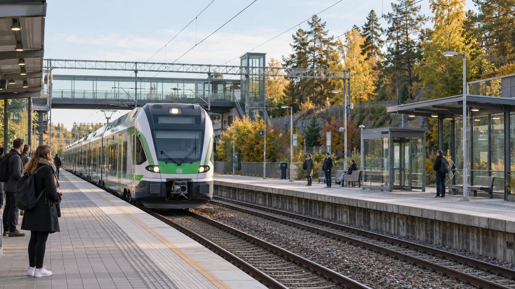 A green commuter train arriving at an open suburban railway station in early autumn